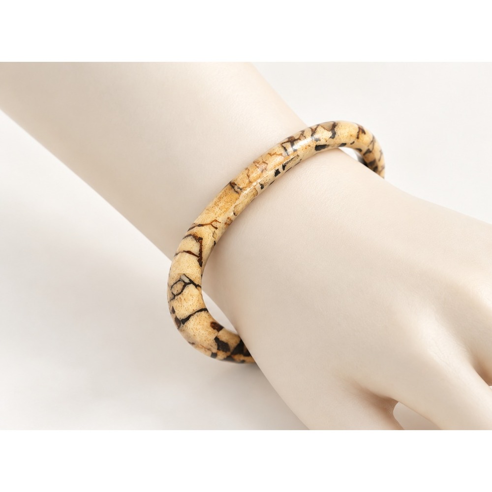 Boho Tan Brown Tribal Print Bangle Bracelet Artisan Ethnic Style 8.5"